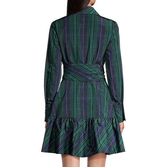 NWT Vineyard Vines 8 Green Plaid Taffeta Tie-Waist Long Sleeve Mini Shirt Dress - Picture 2 of 5